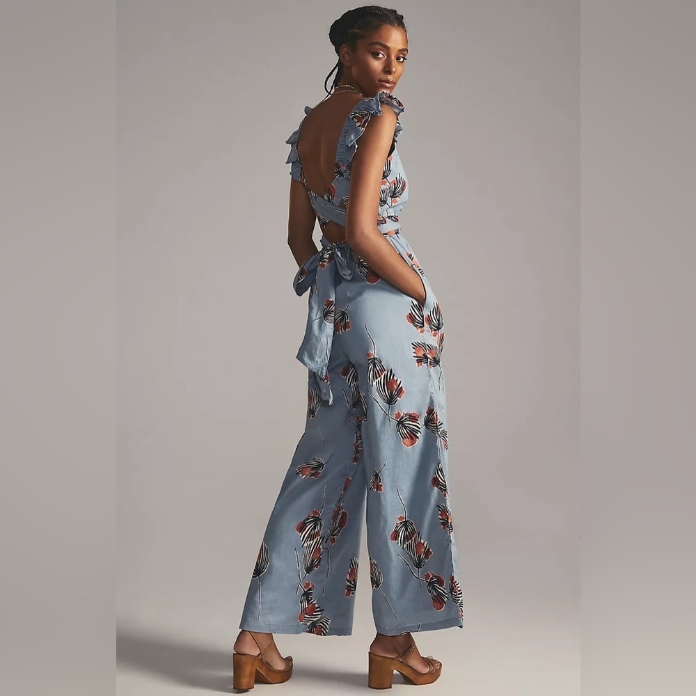 Anthropologie Bel Kazan Blue Red Floral Evie Jumpsuit XS - Picture 2 of 16